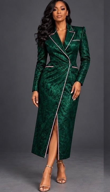 The Odette Brocade Coat Dress in Emerald with pink contrast piping, wrap front and front slit
