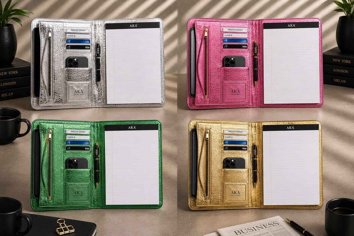Reflection Padfolio open interior views in silver, pink, green, and gold, showing card slots, pockets, pen holder, and writing pad.