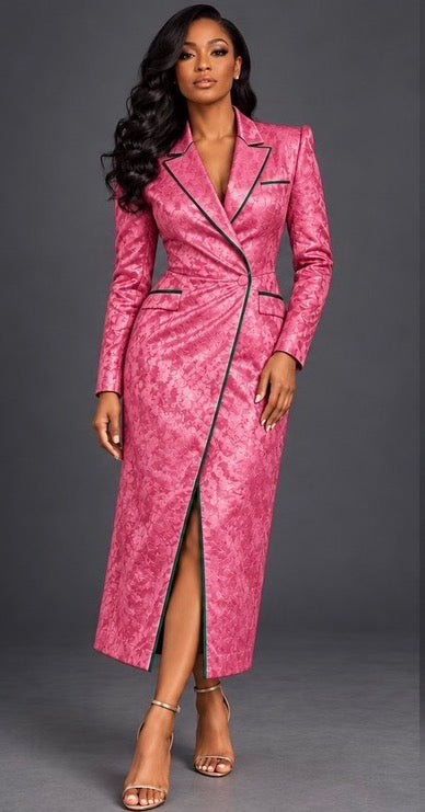 The Odette Brocade Coat Dress in Pink with dark contrast piping and sculpted shoulders