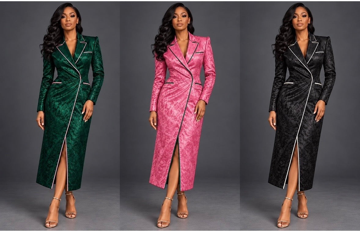 The Odette Brocade Coat Dress in Emerald, Pink and Black, shown side by side