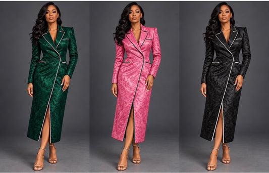 The Odette Brocade Coat Dress in Emerald, Pink and Black, shown side by side