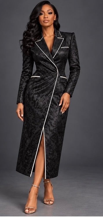 The Odette Brocade Coat Dress in Black with ivory contrast piping