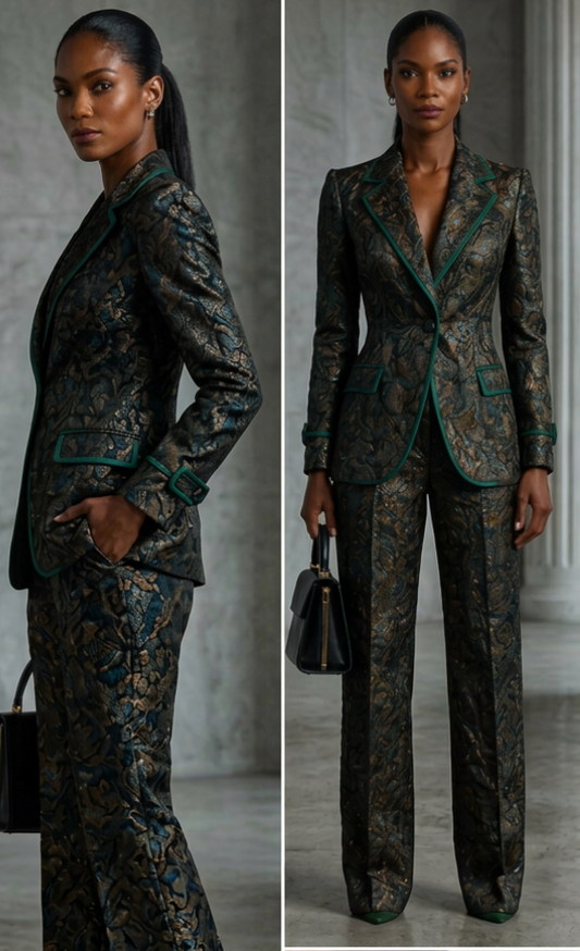 Forest  Brocade Power Pants Suit