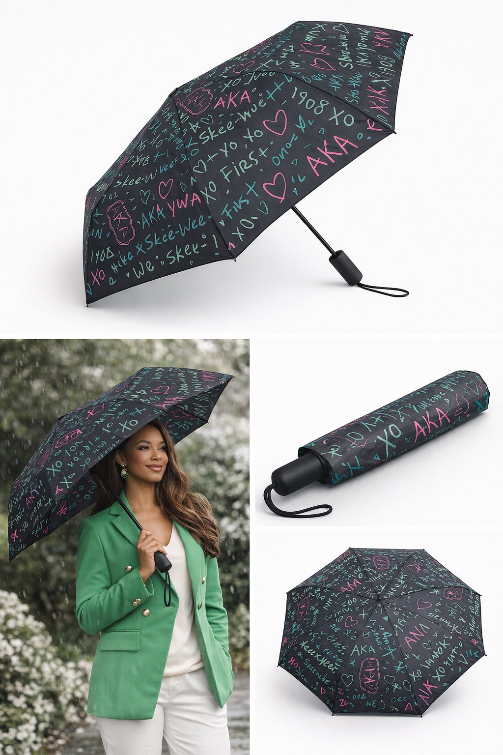 AKA Graffiti Umbrella shown open, folded and carried