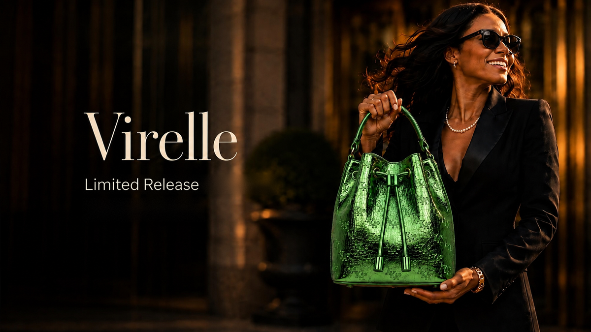 Virelle limited release: woman holding the green mirror-finish Virelle bucket bag